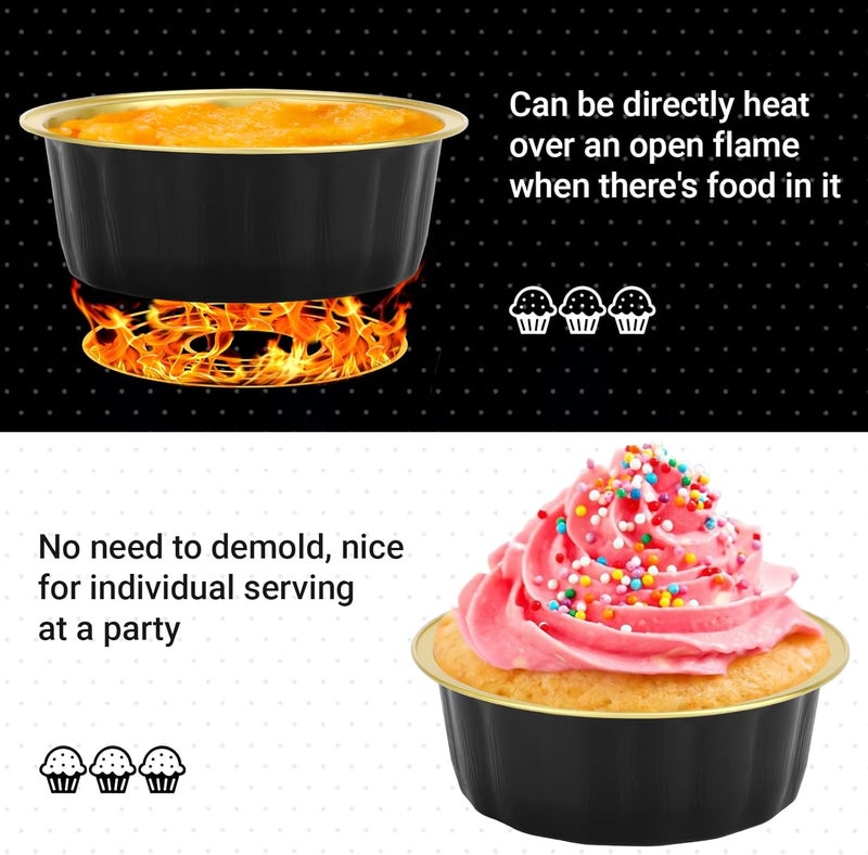Beasea Disposable Baking Ramekins, 8 oz 100 Pack 3.9" 235ml Aluminum Foil Cups Bake Utility Ramekin Cup Souffle Cup Muffin Cupcake Baking Cup Mini Pudding Cups for Party Wedding Birthday - Black Gold - Image 4