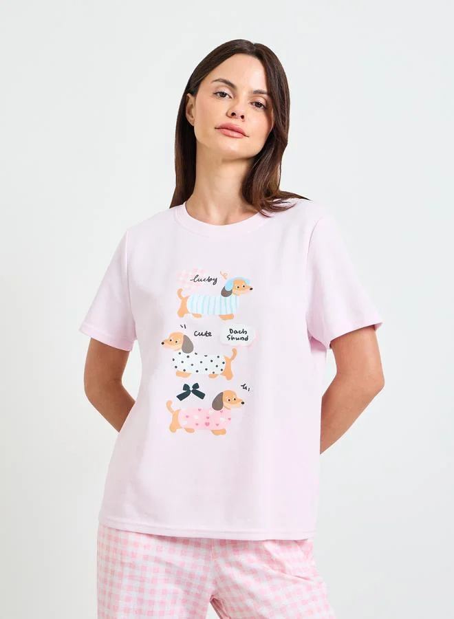 ستايلي Pink Graphic Dog Print T-Shirt and Checked Pyjama Set