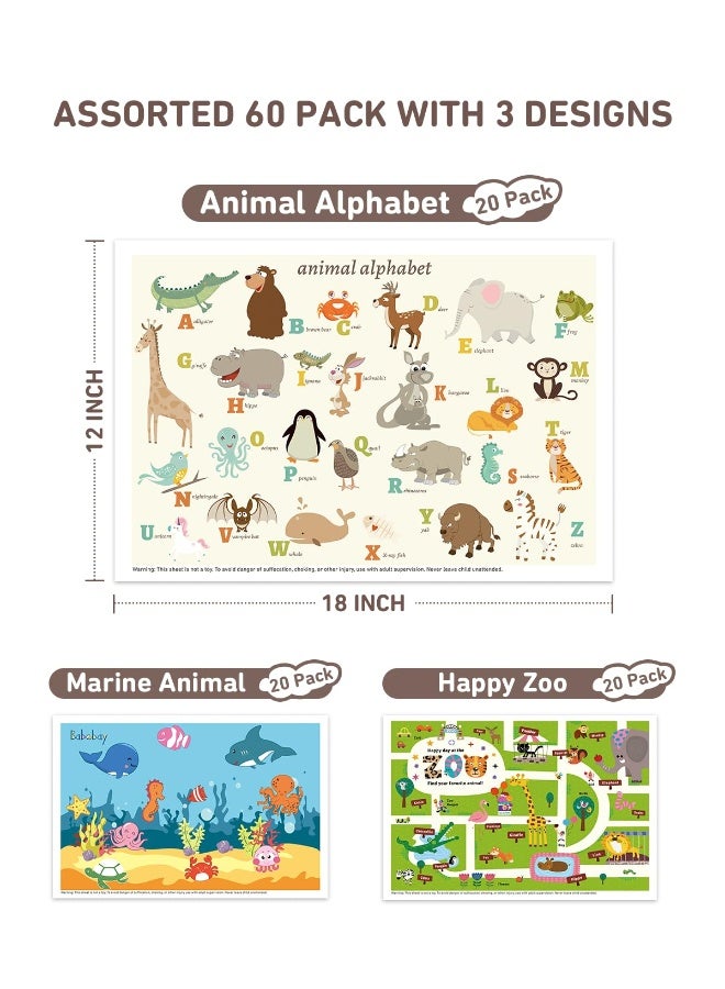 Babebay Disposable Placemats for Baby, 60 Pack Sticky Toddler Placemat for Restaurants, Dining Table, Party, Travel, 12" x 18" with 3 Designs - Image 2