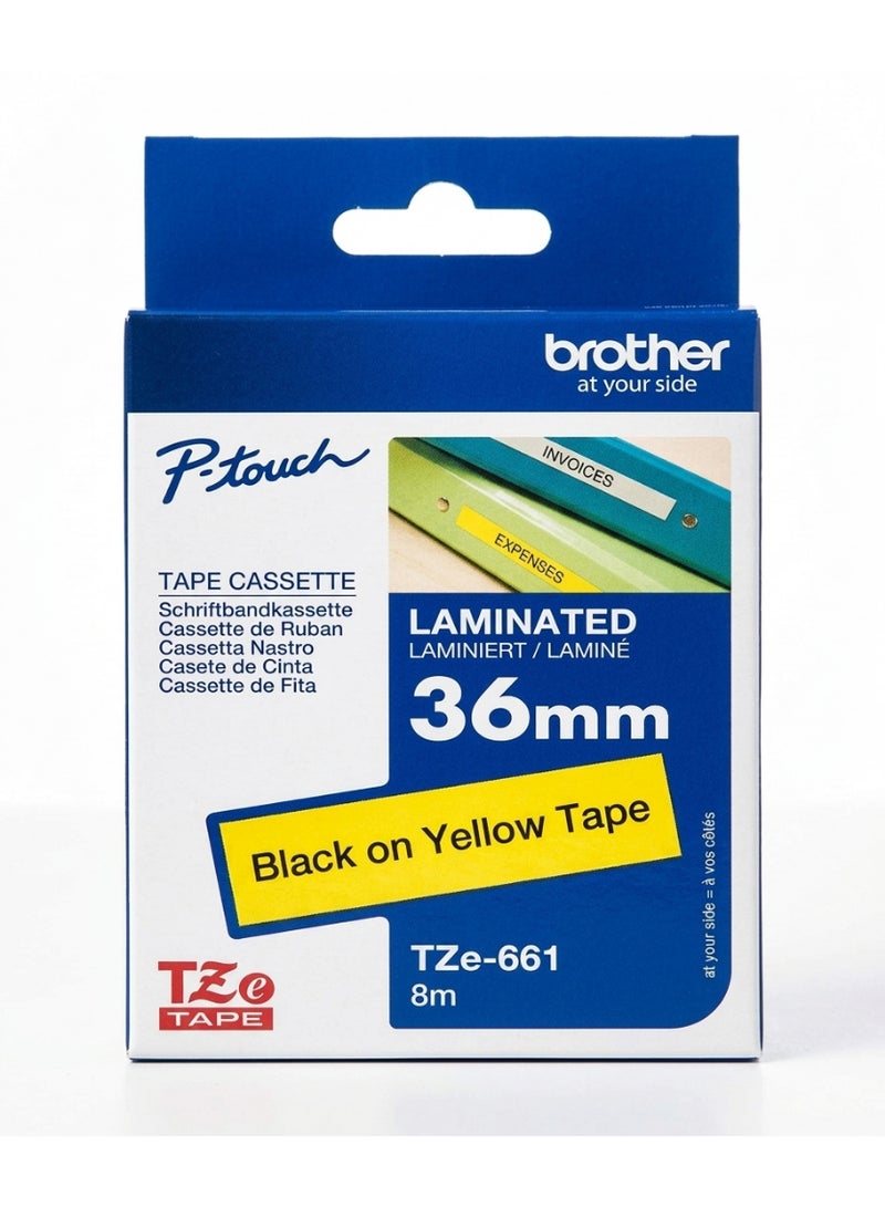 بروذر Labelling Tape Brother TZe-661  Laminated Tape – Black on Yellow, 3/8 Inch (36mm) - Image 1