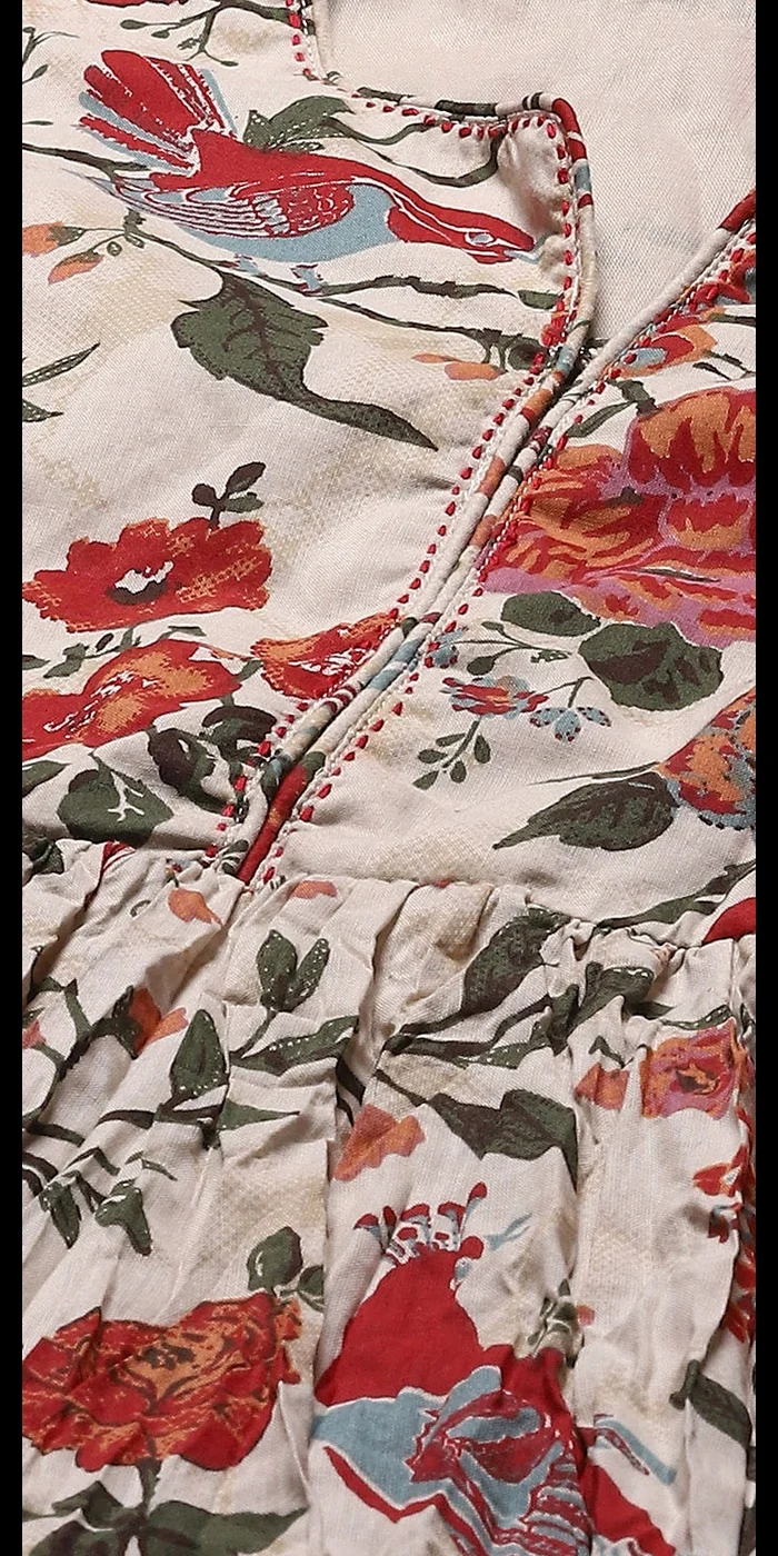 Biba Off White Cotton Flared Printed Dress