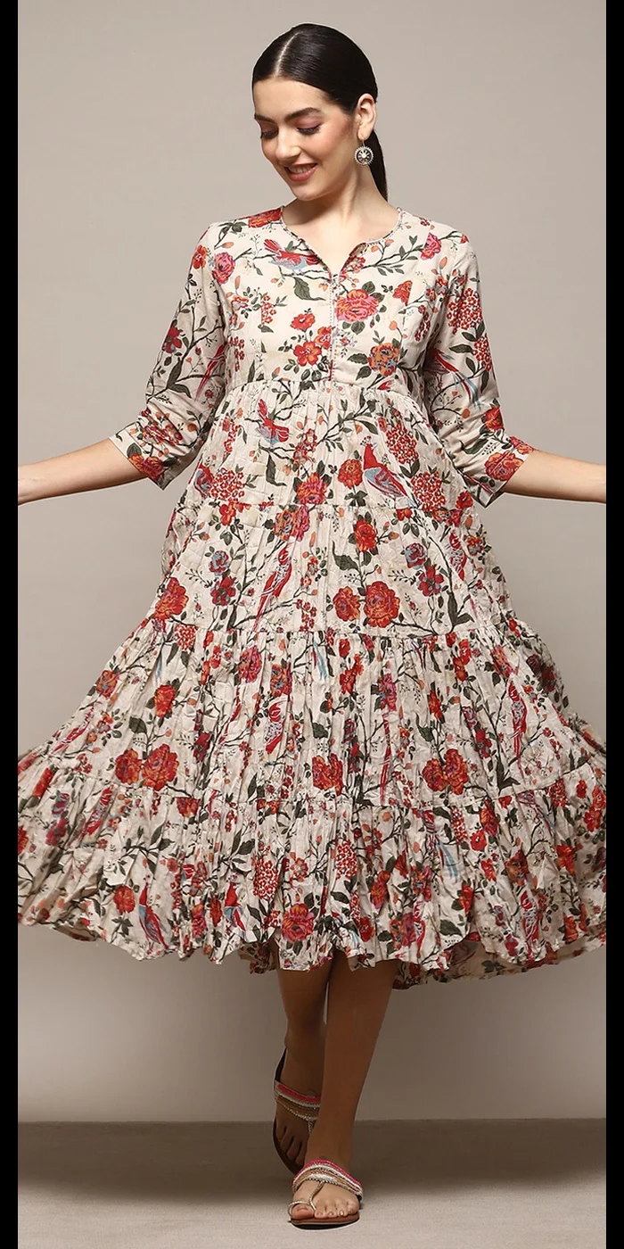 Biba Off White Cotton Flared Printed Dress