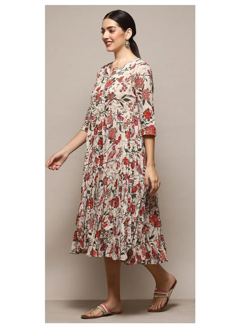 Biba Off White Off White Cotton Flared Printed Dress for Women | Best Price UAE