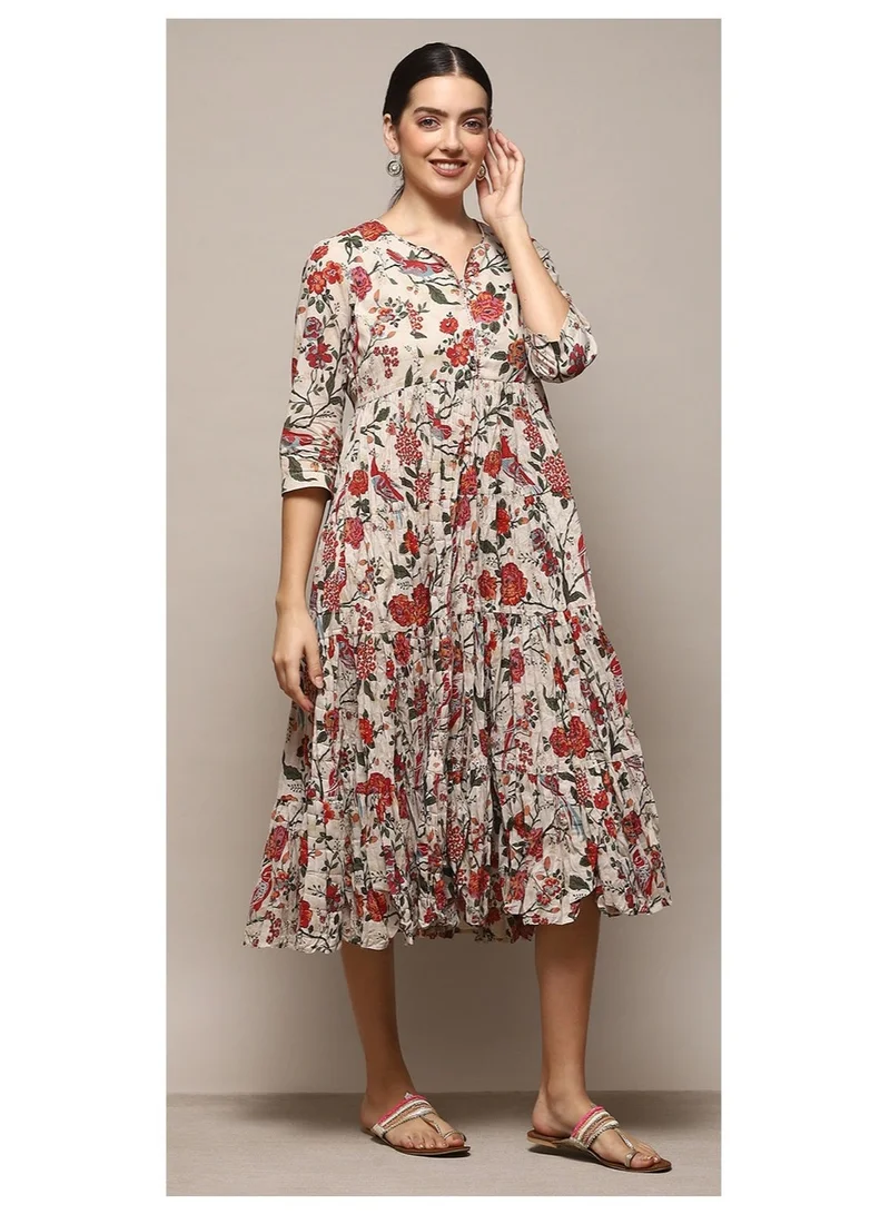Biba Off White Off White Cotton Flared Printed Dress for Women | Best Price UAE