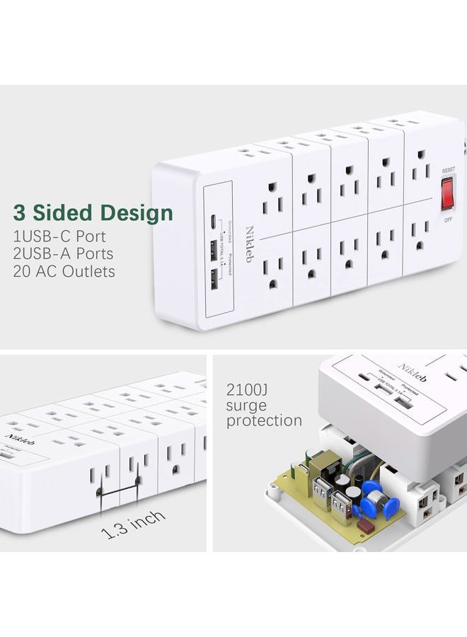 Nikleb 23 in 1 Surge Protector, 6ft Extension Cord with 3 USB Port Smart 3.1A, Multi Outlet Adapter 20 Outlets, Outlet Extender Cord Organizer for Office, - Image 2