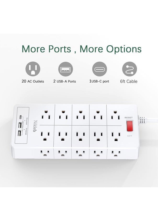 Nikleb 23 in 1 Surge Protector, 6ft Extension Cord with 3 USB Port Smart 3.1A, Multi Outlet Adapter 20 Outlets, Outlet Extender Cord Organizer for Office, - Image 4