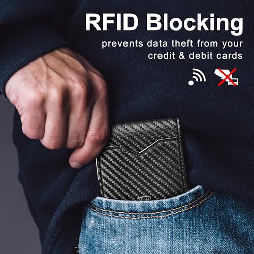 GSOIAX محفظة جيسوياكس للرجال نحيفة للرجال جلد طبيعي ألياف كربونية مانعة لتسرب RFID حاملة بطاقات ائتمان قابلة للطي مع علبة هدايا (كربون وبرتقالي - مشبك نقود) - Image 4