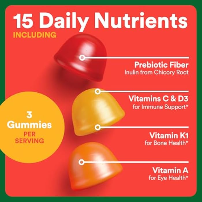 SmartyPants Kids Multivitamin & Fiber Gummies: Prebiotic Fiber to Support Kids Digestion with Vitamin D3, C, Vitamin B12, B6, A, Zinc, Biotin, Folate, Three Fruit Flavors, 90 Count (30 Day Supply) - Image 4