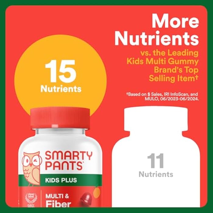 SmartyPants Kids Multivitamin & Fiber Gummies: Prebiotic Fiber to Support Kids Digestion with Vitamin D3, C, Vitamin B12, B6, A, Zinc, Biotin, Folate, Three Fruit Flavors, 90 Count (30 Day Supply) - Image 5