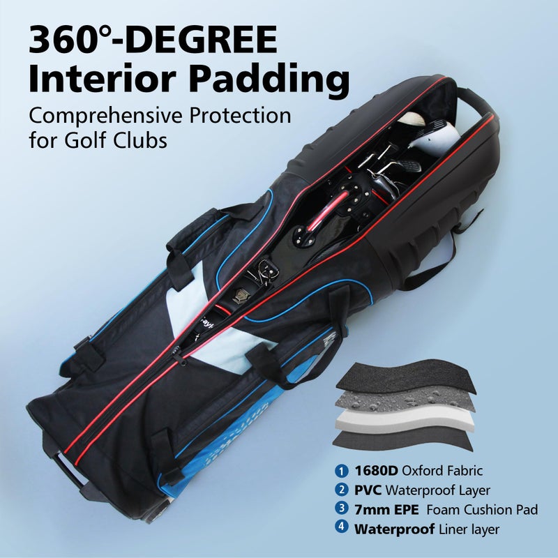 Mojest Golf Travel Bags for Airlines with Wheels, Hard Case Top and 1680D Heavy Duty Oxford Protect Golf Clubs, Lightweight and Easy to Maneuver, Black, Red and Blue - Image 3