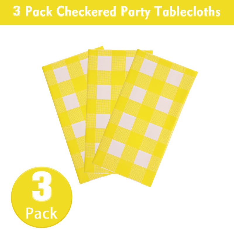 Kesfey 3 Packs Yellow Gingham Tablecloth 54 x 108 Inches Yellow and White Checkered Table Cloths Disposable Plastic Gingham Tablecovers Waterproof Rectangle Picnic Plaid Table Cover for Camping Party - Image 2