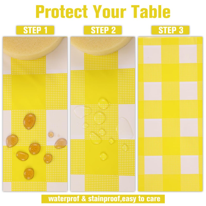 Kesfey 3 Packs Yellow Gingham Tablecloth 54 x 108 Inches Yellow and White Checkered Table Cloths Disposable Plastic Gingham Tablecovers Waterproof Rectangle Picnic Plaid Table Cover for Camping Party - Image 3