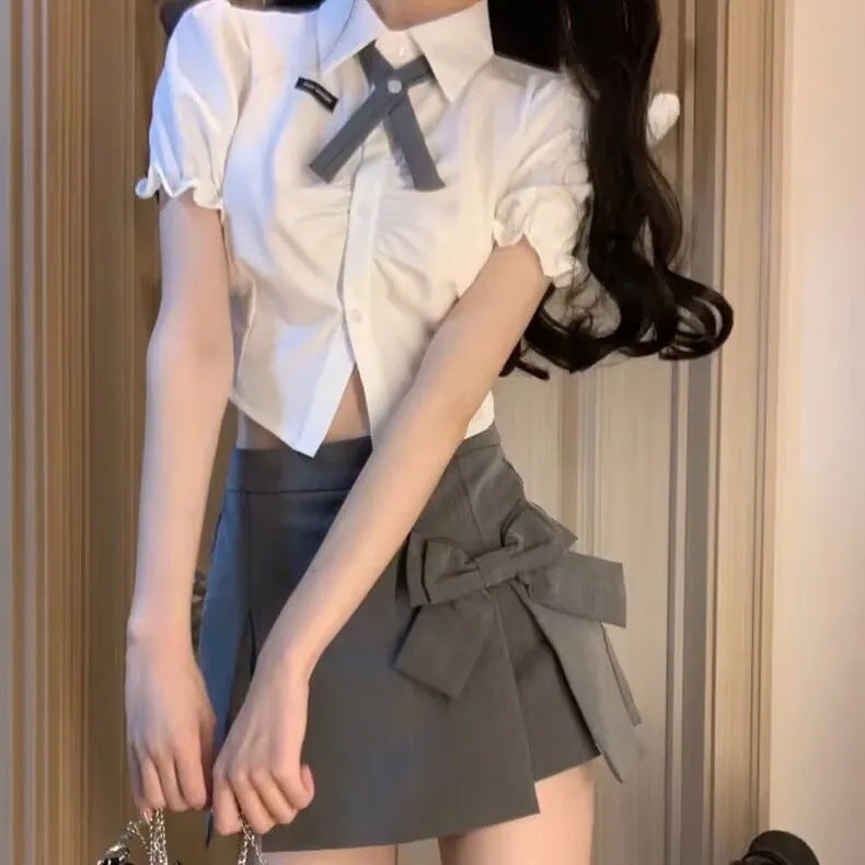 Bow design sense niche pleated skirt suit skirt skirt womens summer culottes high waist skirt A- Line skirt Gray