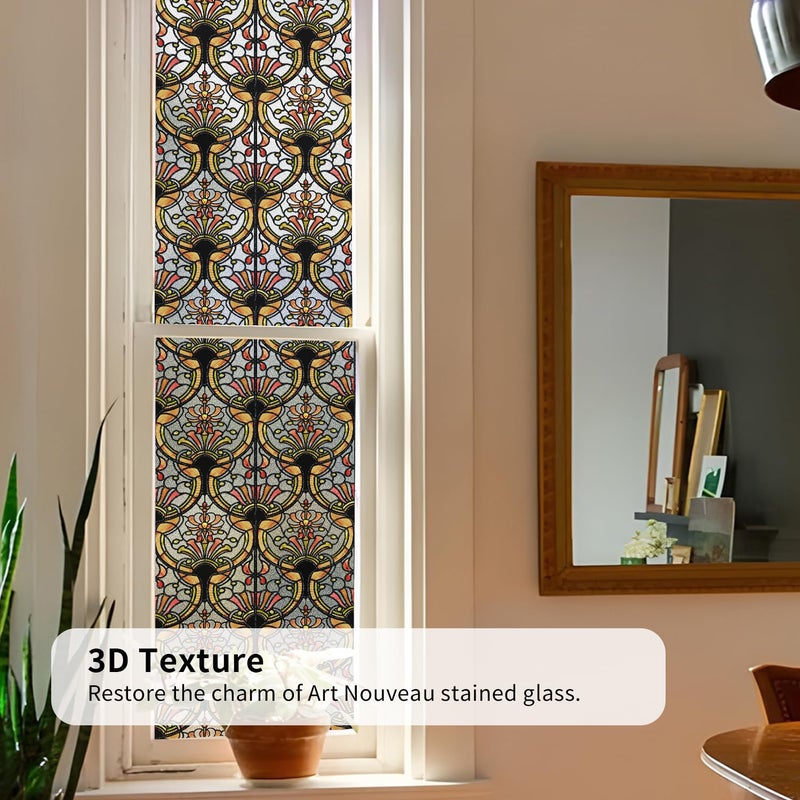 Chicskin 3D Vintage Stained Glass Window Film with Tools, Decorative Window Privacy Film for Room/Door/Home Decor, Amber Tracery,11.02"X70.87"(28X180CM) - Image 3