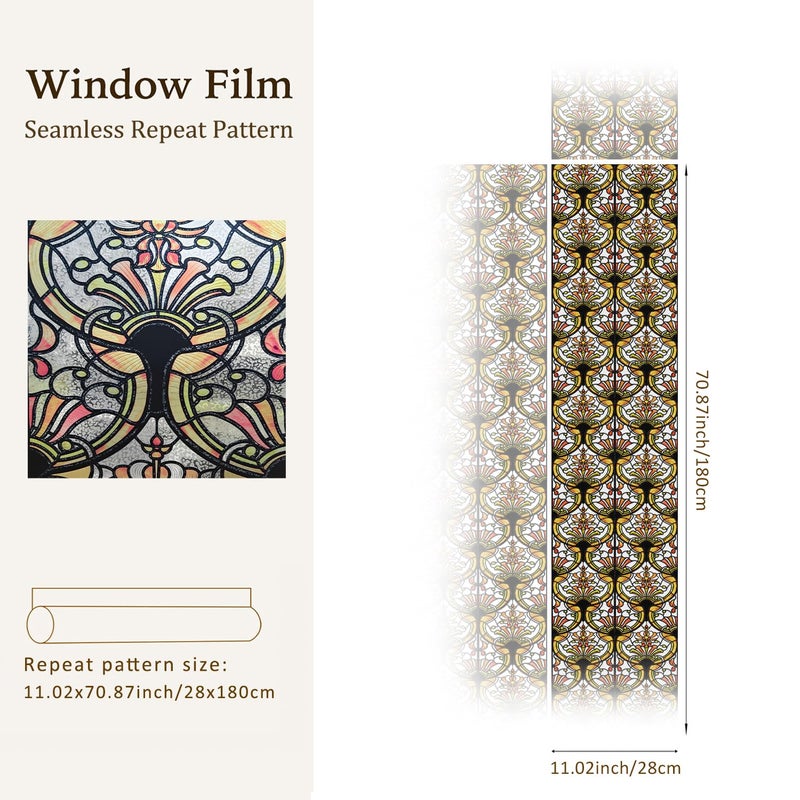 Chicskin 3D Vintage Stained Glass Window Film with Tools, Decorative Window Privacy Film for Room/Door/Home Decor, Amber Tracery,11.02"X70.87"(28X180CM) - Image 4