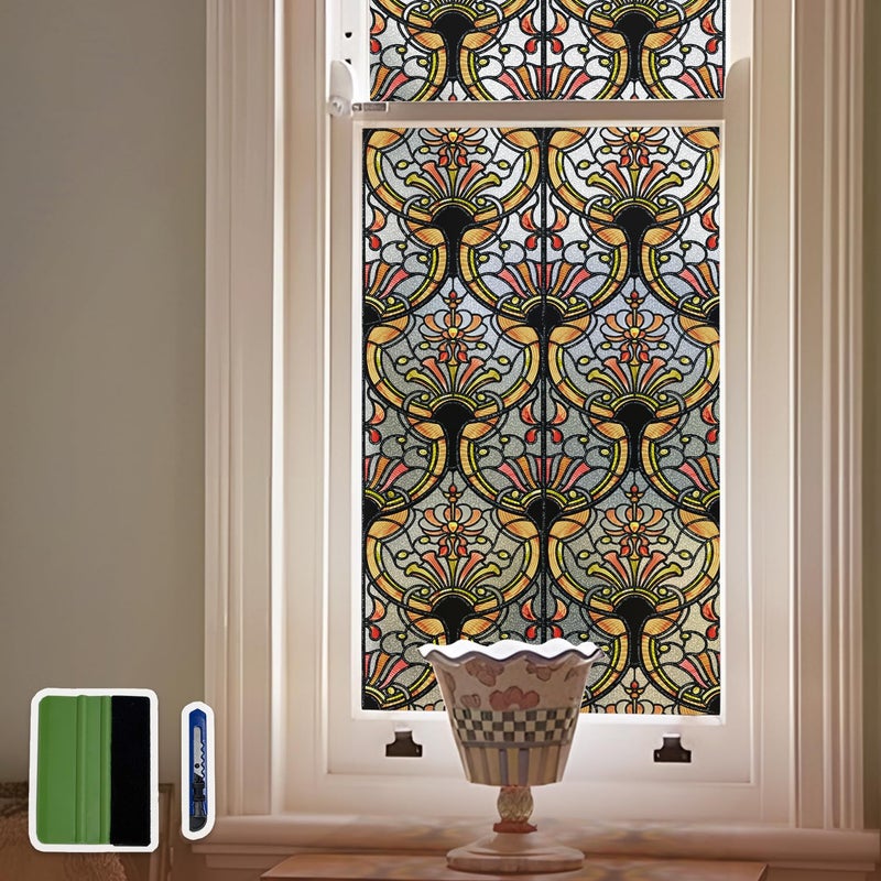 Chicskin 3D Vintage Stained Glass Window Film with Tools, Decorative Window Privacy Film for Room/Door/Home Decor, Amber Tracery,11.02"X70.87"(28X180CM) - Image 1