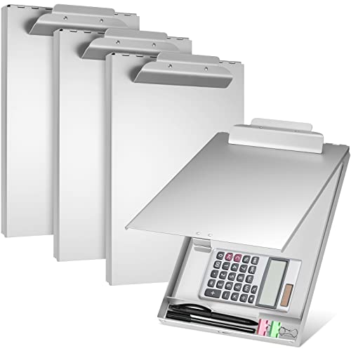 Jutom 4 Pcs 14 x 9 Metal Clipboard with Storage Self Locking Portfolio Aluminum Binder Metal Clip Board Folder Letter Size Form Holder for Office Business Professionals Stationer Silver