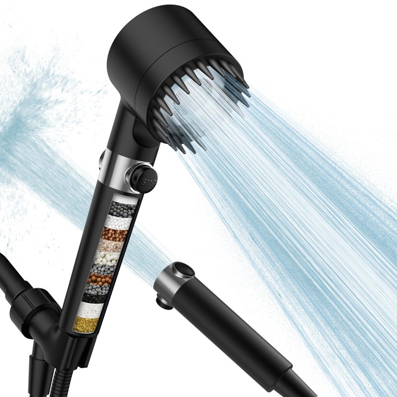 PWERAN Filtered Shower Head with Handheld, High Pressure 3 Spray Mode Showerhead with 18 Stage Water Softener Filters for Hard Water - Remove Chlorine-BLACK - Image 1