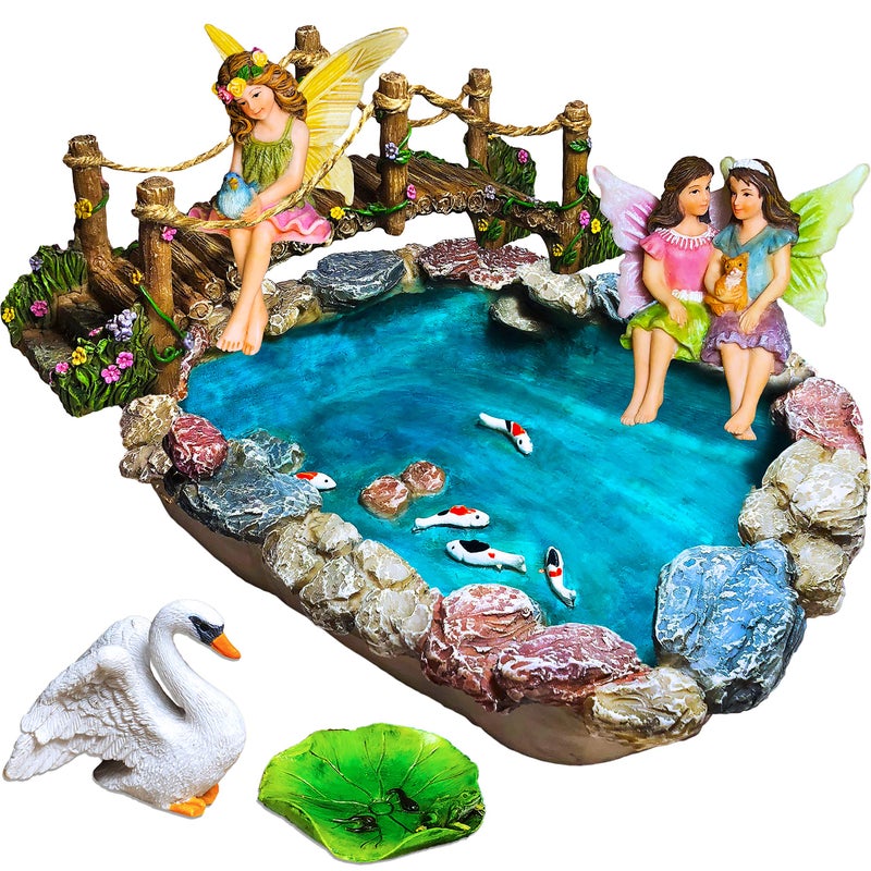 Mood Lab Mood Lab Fairy Garden Fish Pond Kit  Miniature Bridge Set of 6 pcs Fairy Garden Figurines  Accessories  Outdoor or House Decor 