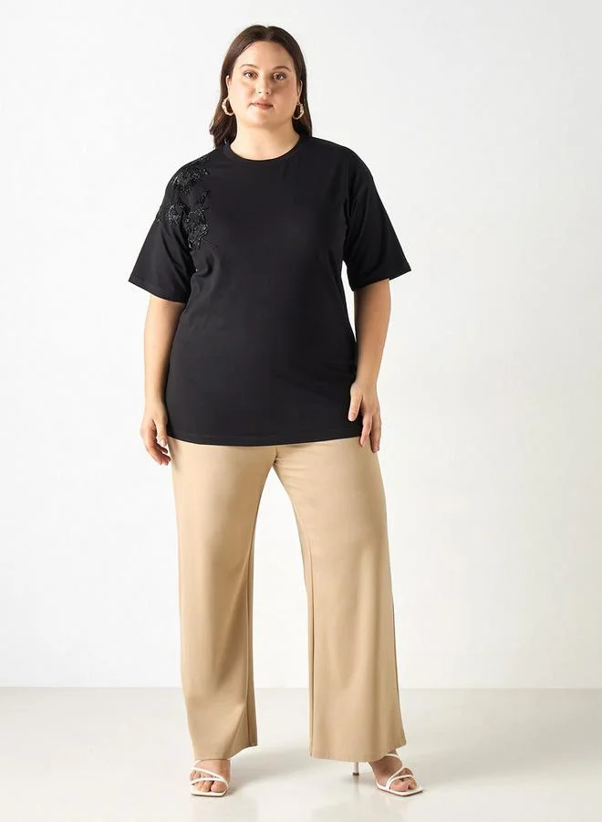 Ulla Popken Plus Size Ulla Popken Embellished T-shirt with Short Sleeves