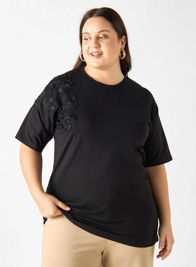 Ulla Popken Plus Size Ulla Popken Embellished T-shirt with Short Sleeves