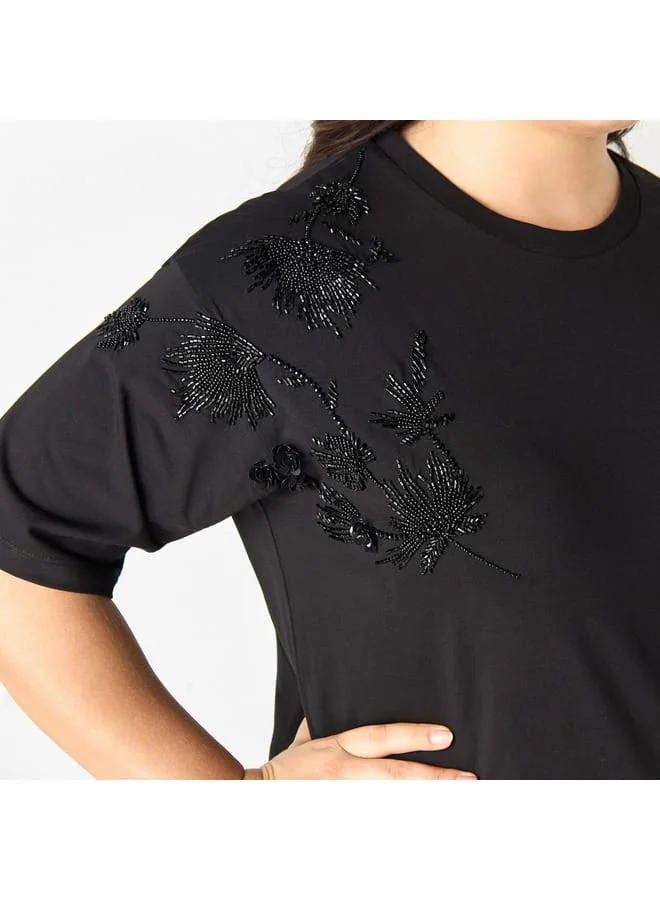 Ulla Popken Plus Size Ulla Popken Embellished T-shirt with Short Sleeves