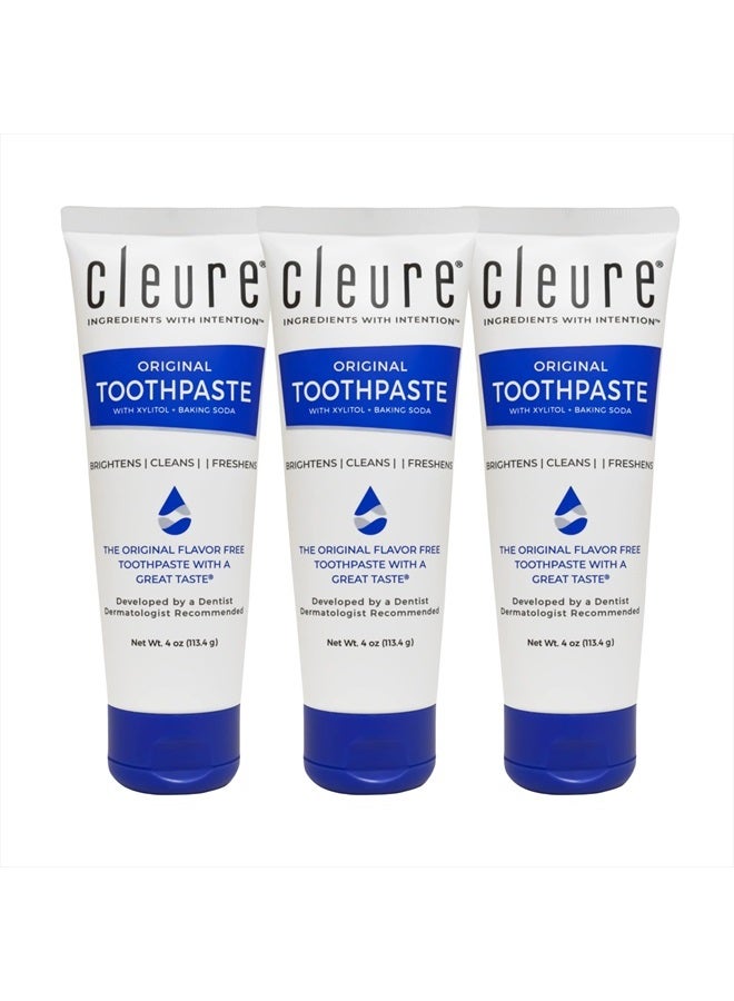 Cleure Original Natural Toothpaste - Flavor-Free, Fluoride-Free - Helps Whiten - with Xylitol for Fresh Breath - Natural Great Taste for Children & Adults - Mint-Free (4oz Tube, Pack of 3)  - Image 1