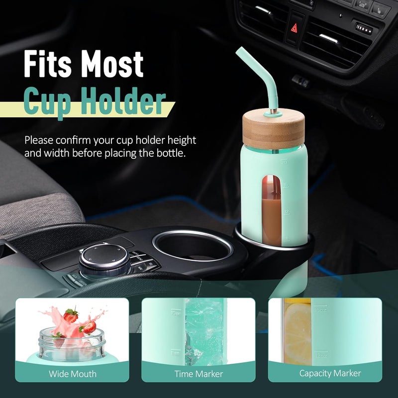 BLUEGO 700 ml Glass Water Bottle with Straw and 2 Lids, Glass Coffee Cup with Time Marking and Silicone Protection, Glass Cup for Drinks, Soda Cola, BPA-Free, Light Blue - Image 4