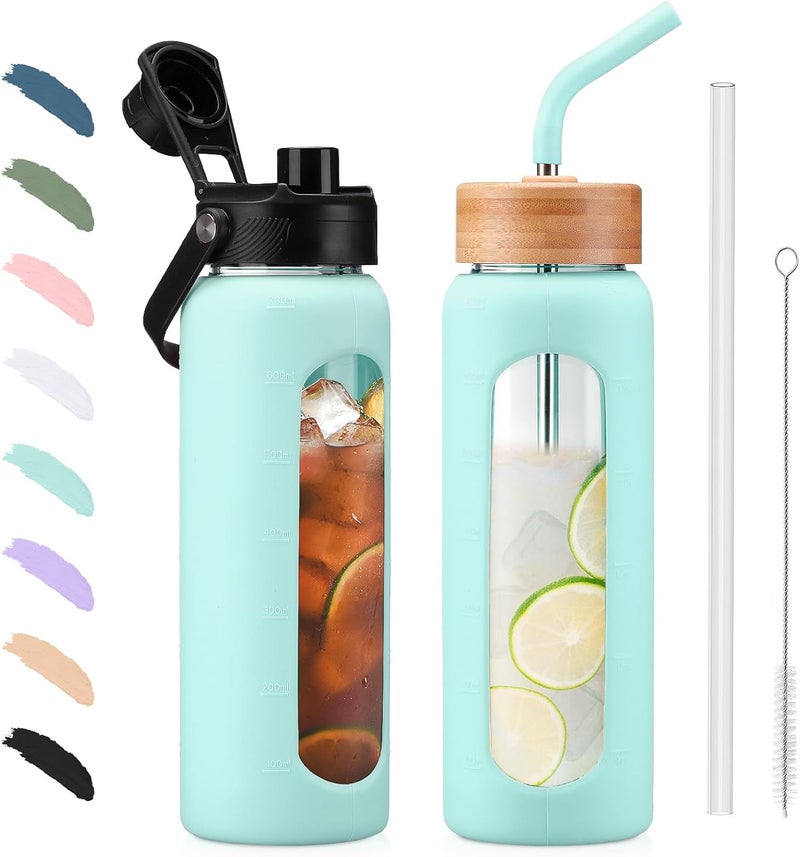 BLUEGO 700 ml Glass Water Bottle with Straw and 2 Lids, Glass Coffee Cup with Time Marking and Silicone Protection, Glass Cup for Drinks, Soda Cola, BPA-Free, Light Blue - Image 1
