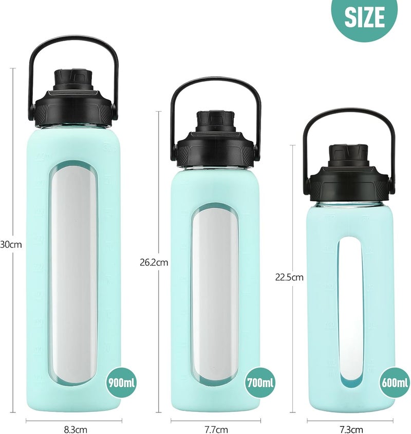 BLUEGO 700 ml Glass Water Bottle with Straw and 2 Lids, Glass Coffee Cup with Time Marking and Silicone Protection, Glass Cup for Drinks, Soda Cola, BPA-Free, Light Blue - Image 5