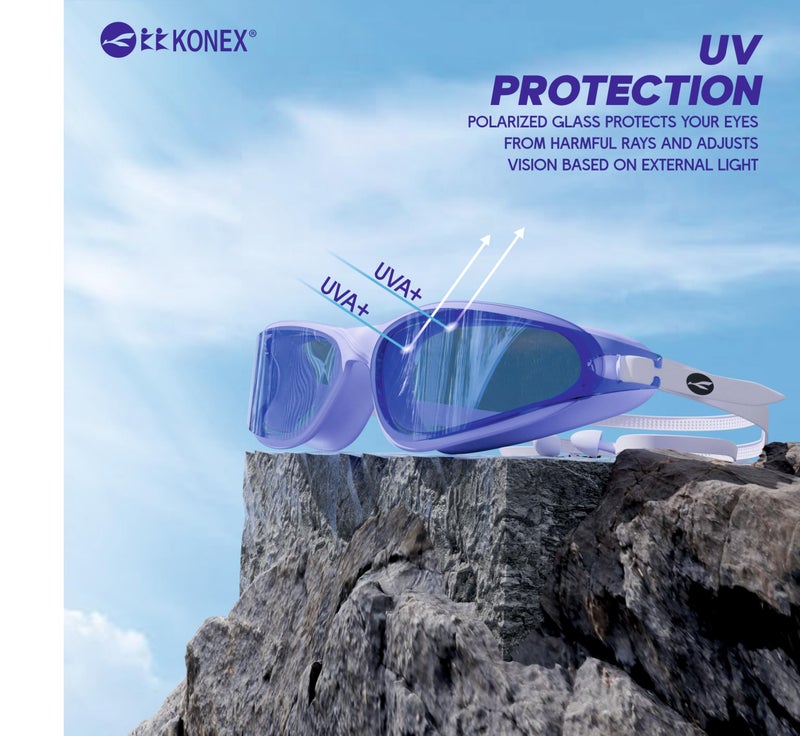 KONEX Anti Fog Swimming Goggles with UV Protection for Men & Women | Wide Angle View with Anti Leak Technology | Comes with Attached Ear Plugs | Ideal for Children & Adult (Blue) - Image 2