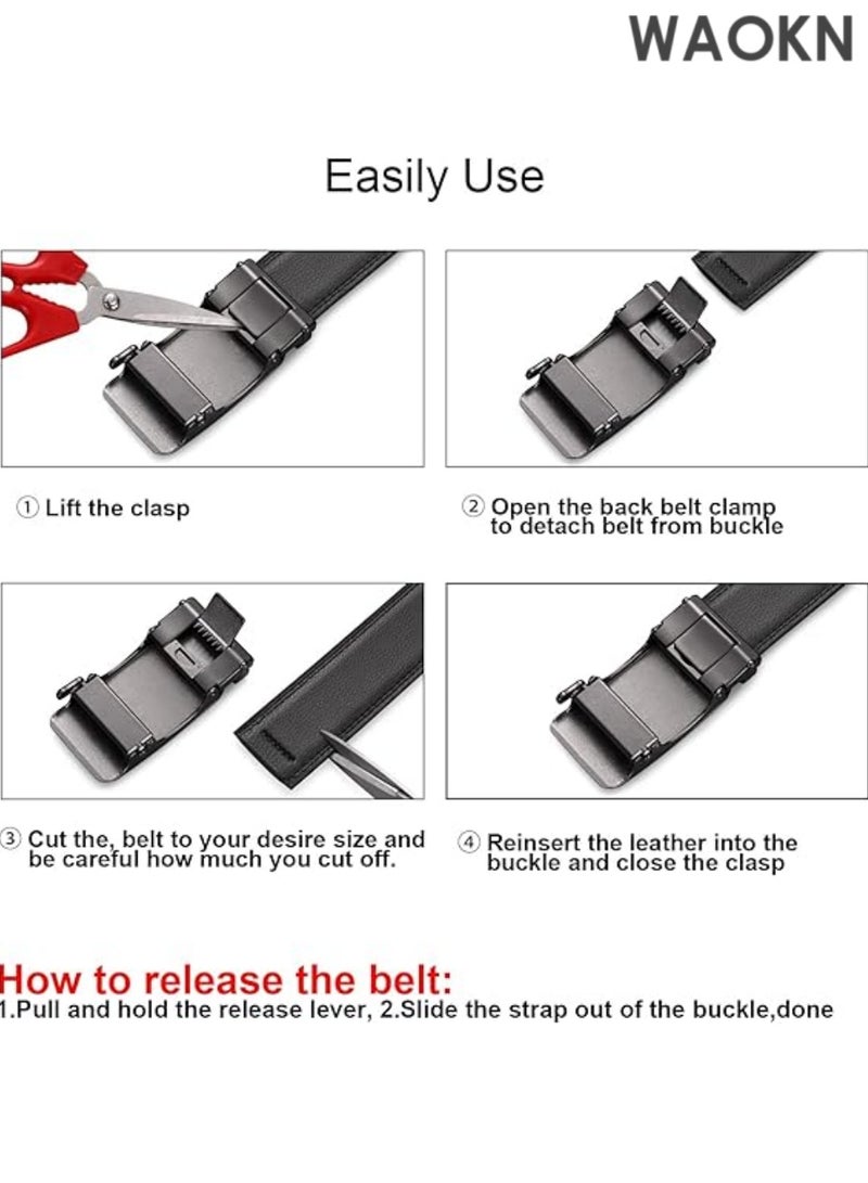 WAOKN Men's Black Leather Belts Automatic Ratchet Buckle Belt Men– Stylish & Functional Formal or Everyday Wear – High-Quality Leather Accessory  for Dress Casual Trim to Fit with Gift Box - Image 4