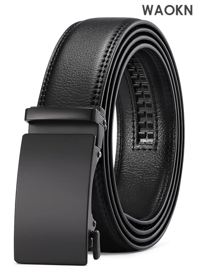 WAOKN Men's Black Leather Belts Automatic Ratchet Buckle Belt Men– Stylish & Functional Formal or Everyday Wear – High-Quality Leather Accessory  for Dress Casual Trim to Fit with Gift Box - Image 1
