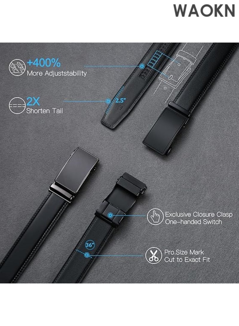 WAOKN Men's Black Leather Belts Automatic Ratchet Buckle Belt Men– Stylish & Functional Formal or Everyday Wear – High-Quality Leather Accessory  for Dress Casual Trim to Fit with Gift Box - Image 2