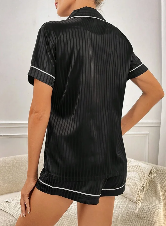 Take Two Black Striped Pattern Piping Shirt and Shorts Set