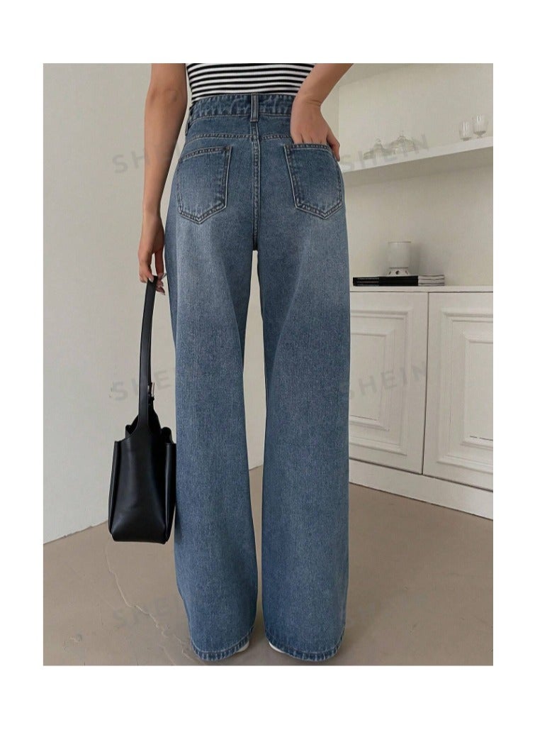 بونكا جينز بخصر عالي واسع الساقين بجيوب مائلة - Image 1