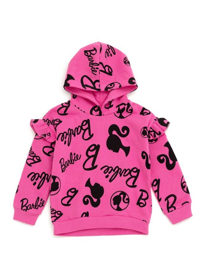 Barbie Little Girls Drop Shoulder Pullover Fleece Hoodie and Leggings Outfit Set Logo Pink/Black 7-8 - Image 3