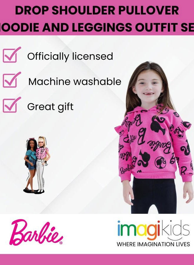 Barbie Little Girls Drop Shoulder Pullover Fleece Hoodie and Leggings Outfit Set Logo Pink/Black 7-8 - Image 2