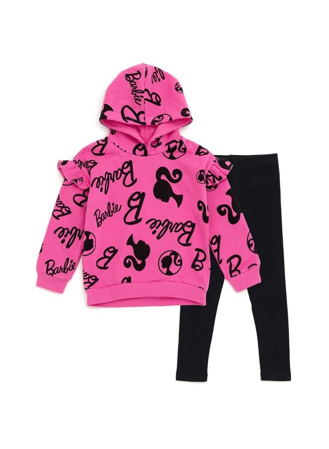 Barbie Little Girls Drop Shoulder Pullover Fleece Hoodie and Leggings Outfit Set Logo Pink/Black 7-8 - Image 1