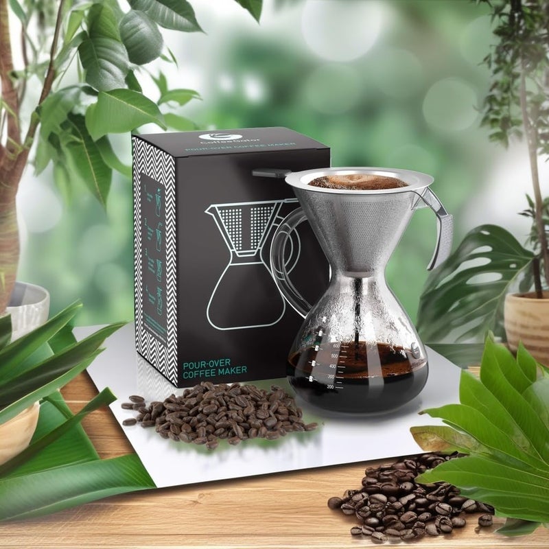 Coffee Gator Pour Over Coffee Maker - 27oz High Heat Borosilicate Glass with Reusable Stainless Steel Filter, Drip Coffee Brewer Dripper Set Carafe, 800ml Clear - Image 5