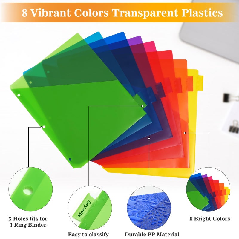 SUQJOY 8-Tab Dividers for 3 ring binder, 96 Count Binder Dividers with Pockets, Subject Dividers, 3-Hole Plastics Sheets Protectors for US Letter Size in 0.5", 1",2" Binders, Vibrant 8 Color, 12 Packs - Image 2
