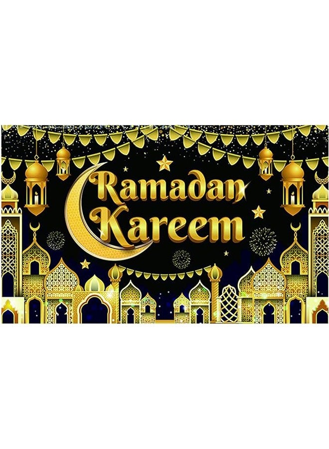 Gerenic Ramadan Mubarak Backdrop Banner Large Eid Arabian Nights Moon Stars Ramadan Kareem Party Decorations Supplies Photo Booth for Wall Home Indoor Outdoor 70.8 X 43.3 Inch(Golden Black) - Image 1