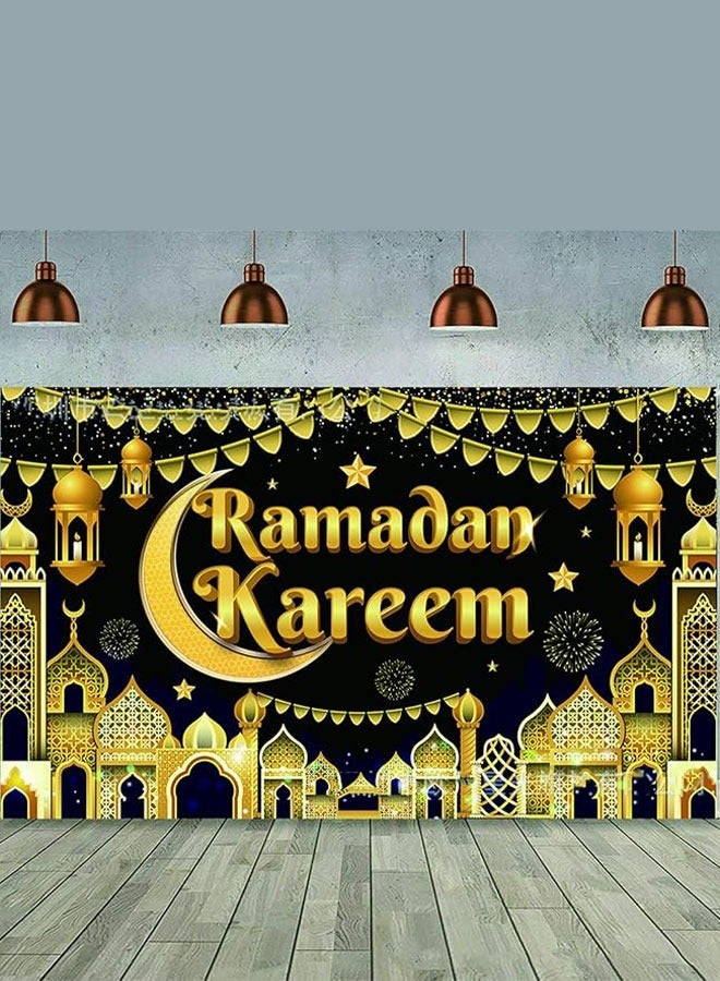 Gerenic Ramadan Mubarak Backdrop Banner Large Eid Arabian Nights Moon Stars Ramadan Kareem Party Decorations Supplies Photo Booth for Wall Home Indoor Outdoor 70.8 X 43.3 Inch(Golden Black) - Image 2