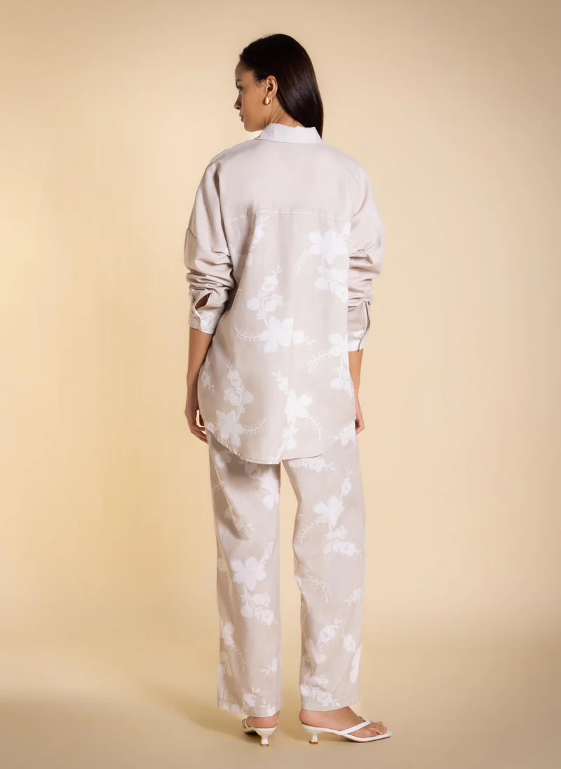 SHAPES Beige PRINTED LINEN BLEND SHIRT SET for Women | Best Price UAE