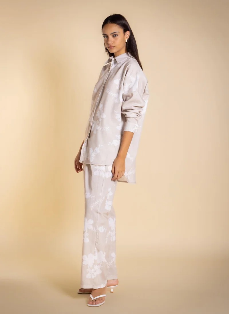 SHAPES Beige PRINTED LINEN BLEND SHIRT SET for Women | Best Price UAE