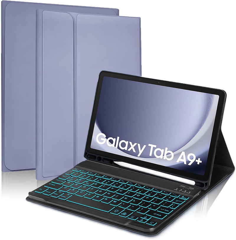 ProElite Keyboard case Cover for Samsung Galaxy Tab A9 Plus 11 inch with S Pen Holder Magnetic Detachable Wireless Bluetooth Keyboard Built-in 7-Colors Backlit, Lavender - Image 1