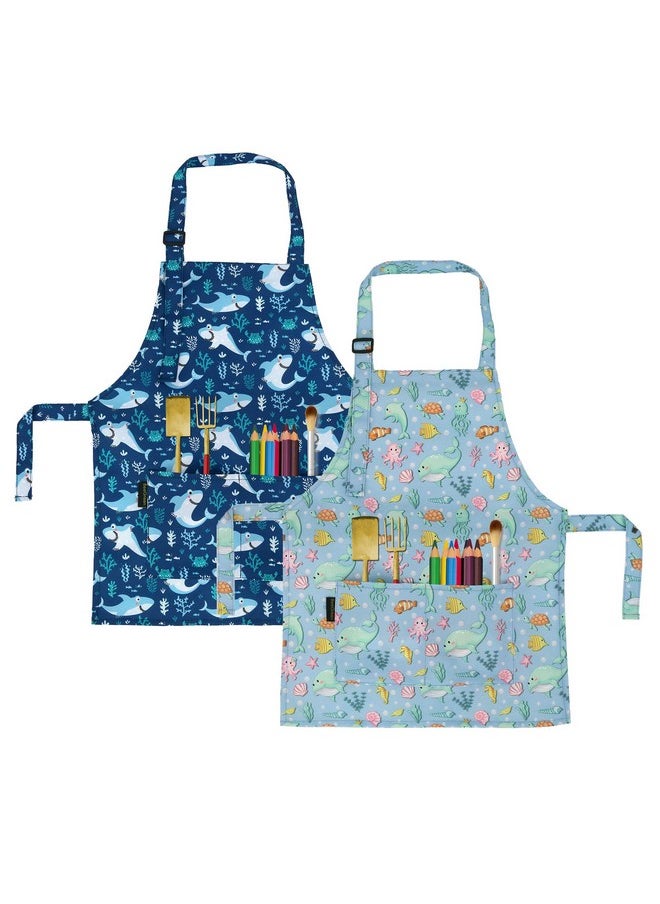 BeeGreen - Shark Whale Kids Apron 2 Pack Cooking Aprons With Adjustable Strap Kids Kitchen Aprons With Front Pocket For Girls Toddler Painting Baking Artist Washable Foldable Lightweight - Image 1