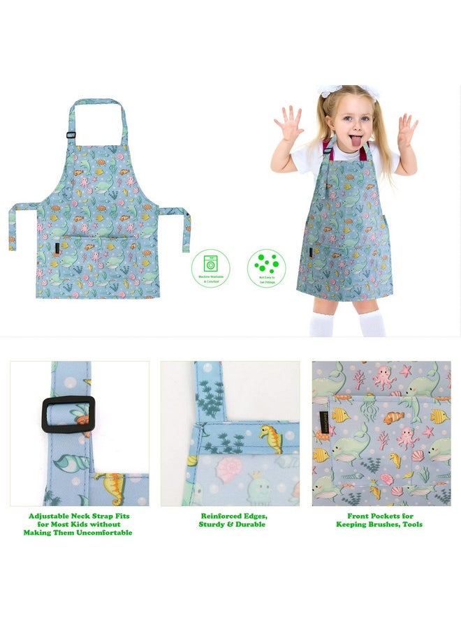 BeeGreen - Shark Whale Kids Apron 2 Pack Cooking Aprons With Adjustable Strap Kids Kitchen Aprons With Front Pocket For Girls Toddler Painting Baking Artist Washable Foldable Lightweight - Image 1