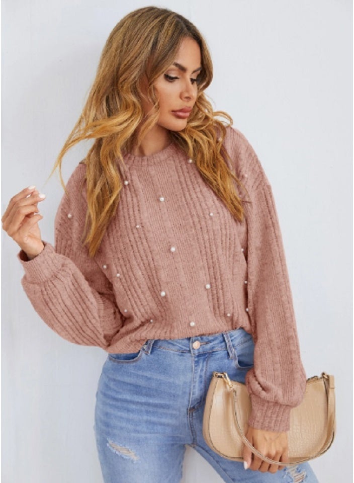 شي إن تي شيرت محبوك بتفاصيل اللؤلؤ - Image 1