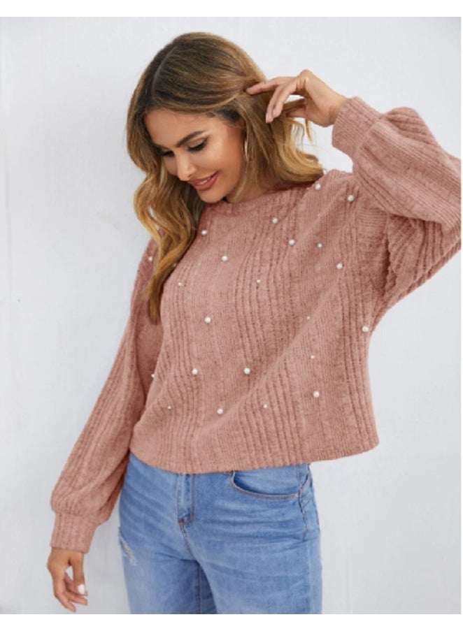 شي إن تي شيرت محبوك بتفاصيل اللؤلؤ - Image 2